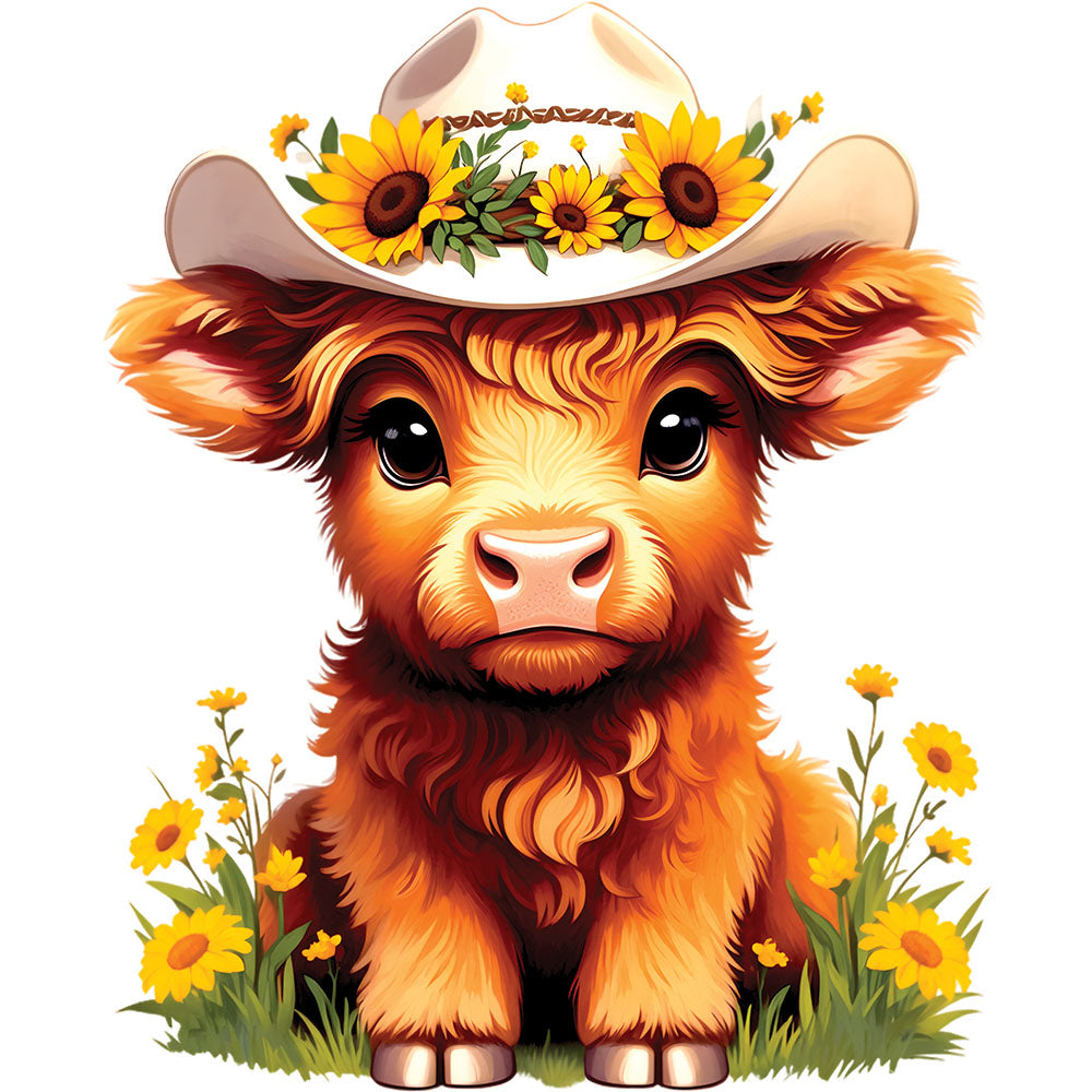 Sunflower Highland Cow DTF transfer design featuring a cute baby brown highland cow wearing a tan cowboy hat decorated with sunflowers surrounded by yellow daisies