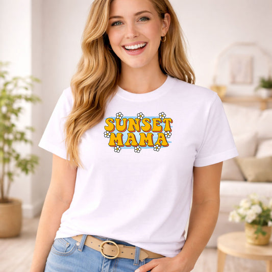 Sunset Mama DTF transfer design mockup on a t-shirt featuring retro Sunset Mama typography in warm sunset orange and yellow gradient