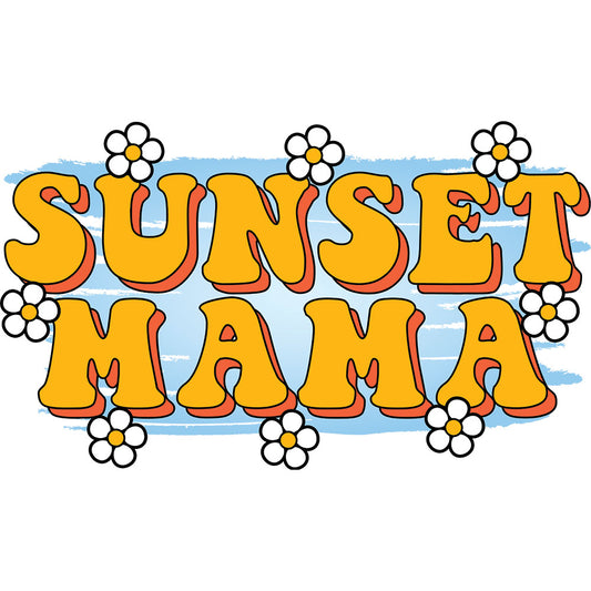 Sunset Mama DTF transfer design featuring retro stacked Sunset Mama typography in warm orange yellow sunset gradient colors