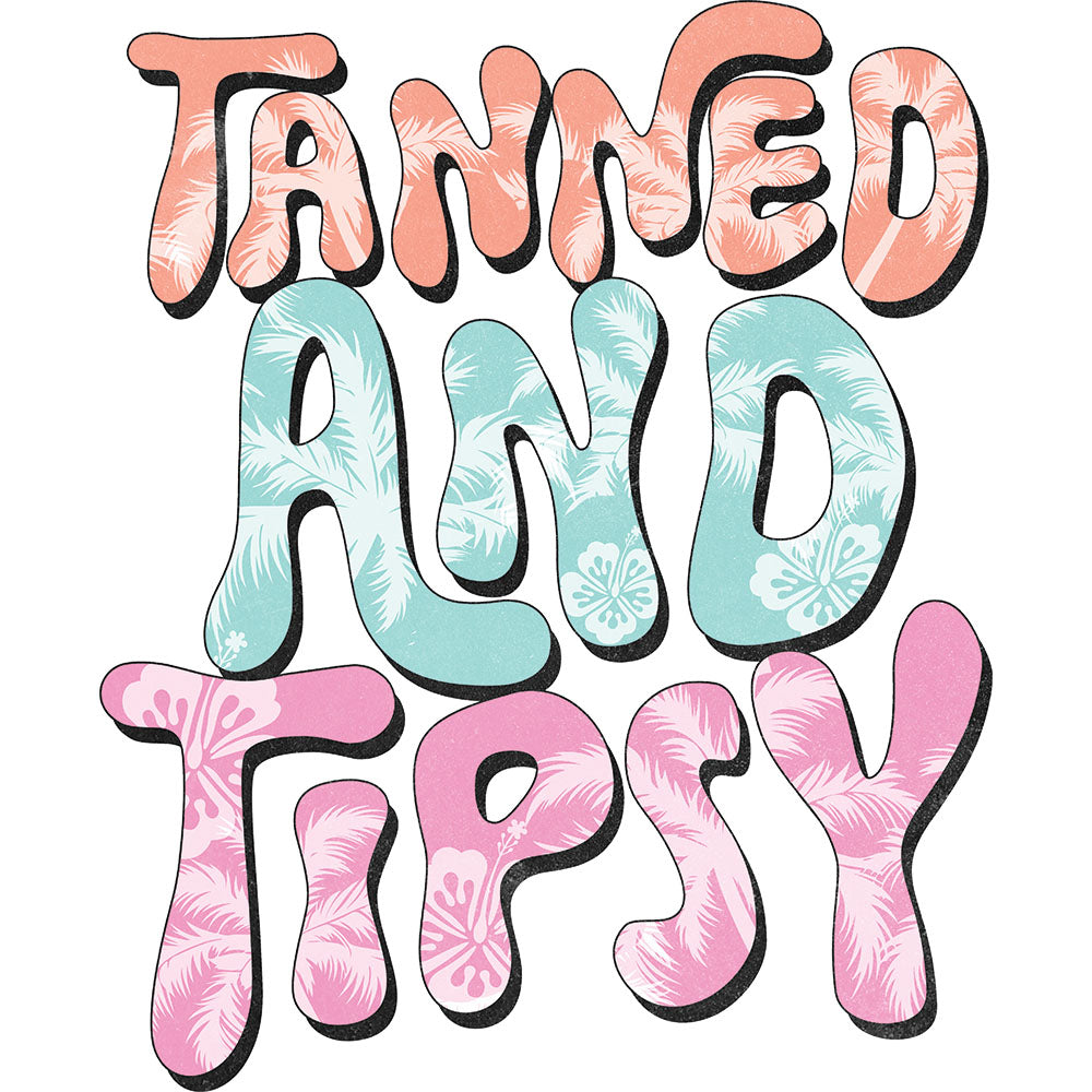 Tanned And Tipsy Beachy DTF transfer design featuring tropical palm-tree-patterned bubble letters spelling Tanned and Tipsy in a beachy summer cocktail style with palm tree fill