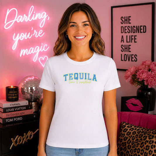 Tequila Lime And Sunshine DTF transfer mockup on a t-shirt featuring blue varsity TEQUILA with green Lime and Sunshine script