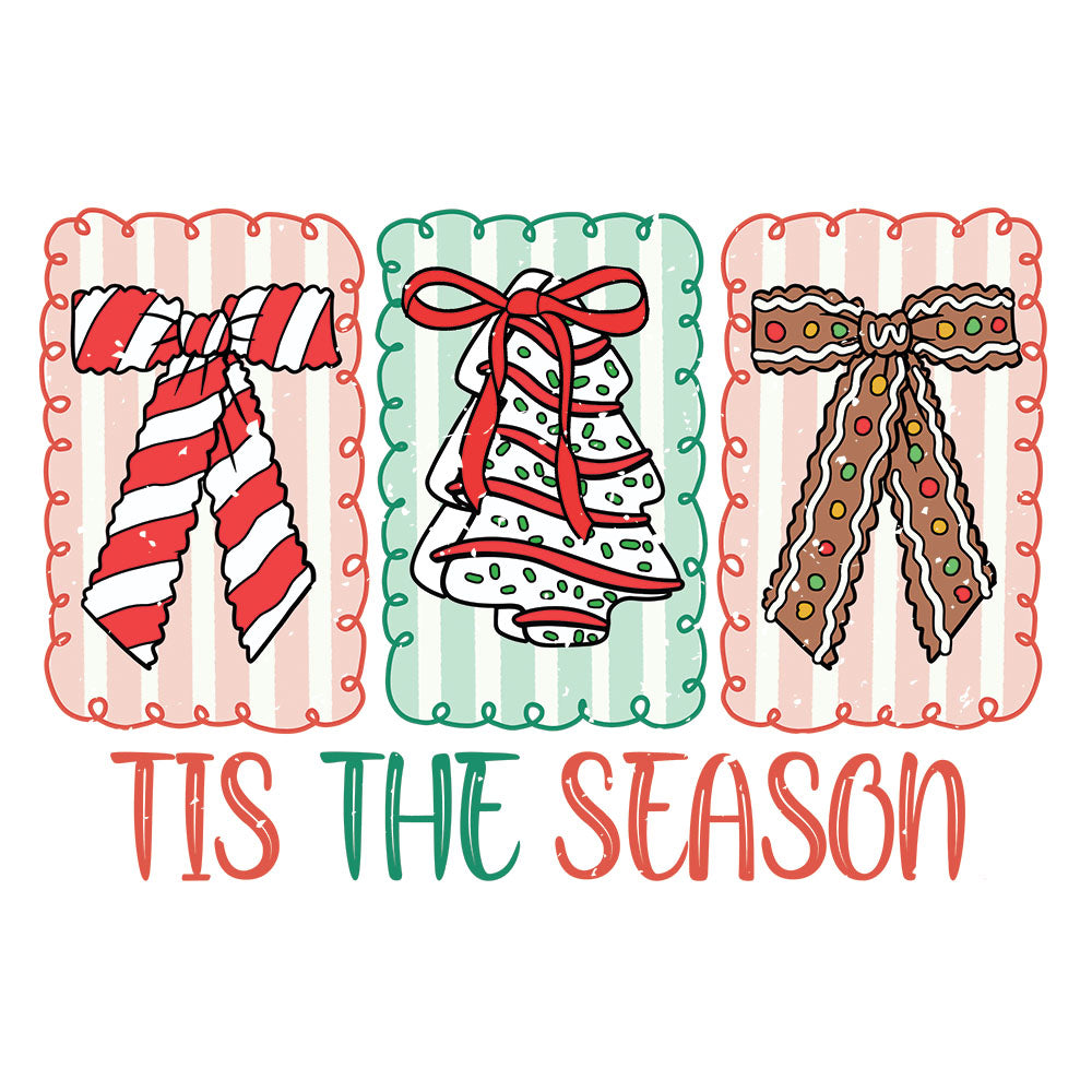 Tis The Season Christmas Retro DTF transfer design featuring three retro striped patches with candy bow, Christmas tree bow and gingerbread bow with Tis The Season typography
