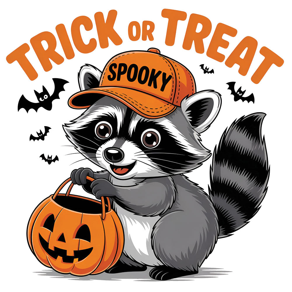 Trick Or Treat Spooky Raccoon DTF transfer design featuring a cartoon raccoon wearing an orange Spooky baseball cap carrying a jack-o-lantern pumpkin candy bucket with bats and Trick or Treat lettering