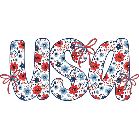 USA Coquette Floral DTF transfer design featuring USA letters in red white and blue with floral and star accents and a small ribbon bow