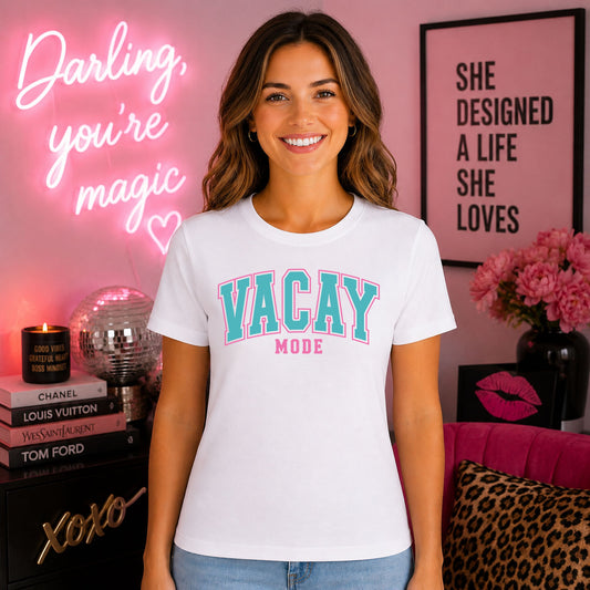 Vacay Mode Varsity DTF transfer mockup on a t-shirt featuring solid teal and pink classic varsity VACAY MODE lettering