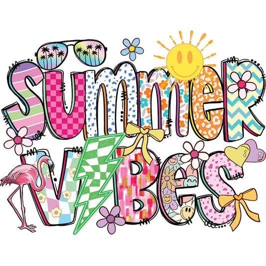Vibrant Summer Vibes DTF transfer design featuring colorful patchwork-patterned letters spelling Summer Vibes with a pink flamingo, sun, sunglasses, and daisies in bright tropical colors
