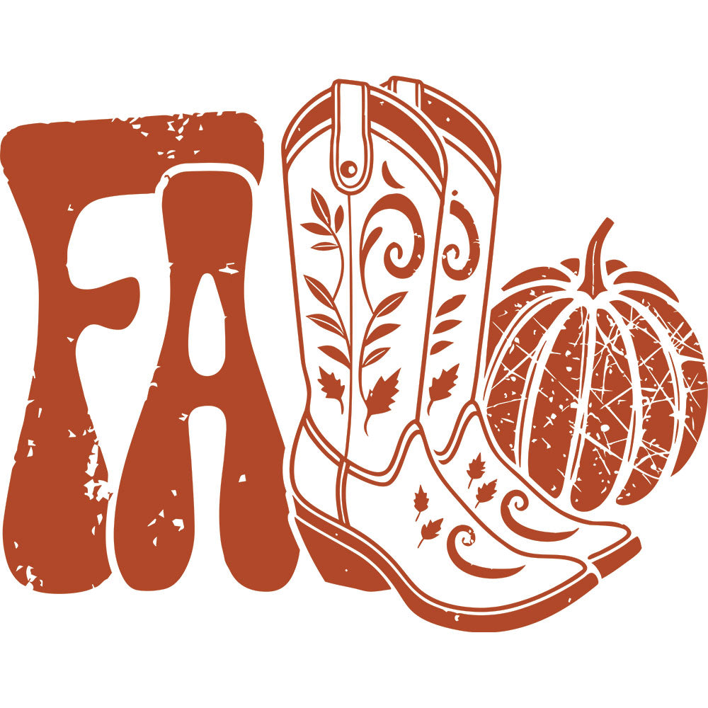 Western Fall Orange Boots DTF transfer design featuring orange FA letters paired with a decorated western cowboy boot and a distressed pumpkin