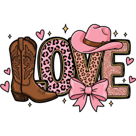 Western Pink Love DTF transfer design featuring LOVE letters in leopard pink with a cowboy boot, cowboy hat, pink ribbon bow and small heart accents