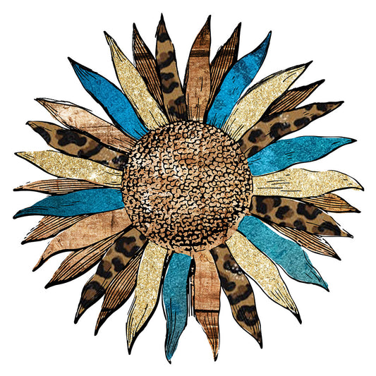Western Sunflower DTF transfer design featuring a stylized sunflower with leopard print petals interlaced with turquoise blue feather accents