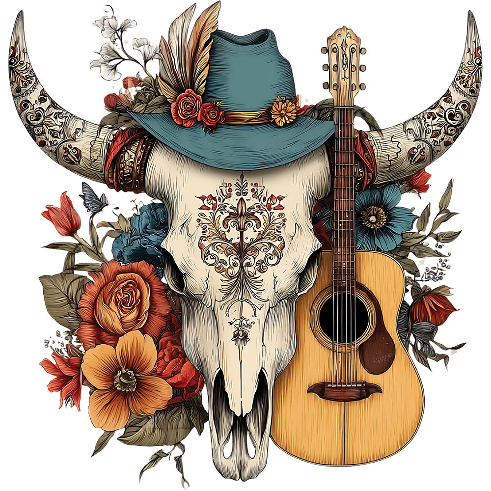 Western Boho Skull DTF transfer design featuring a longhorn bull skull with cowboy hat and feathers resting on an acoustic guitar surrounded by wildflowers and roses