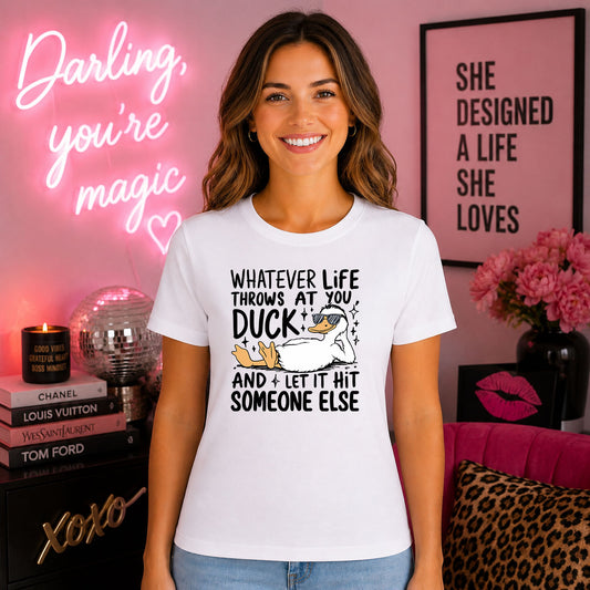 Whatever Life Throws At You Duck DTF transfer mockup on a t-shirt featuring a cartoon duck in sunglasses lounging with a funny life motto