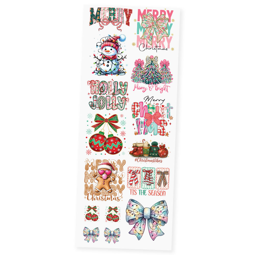 Winter Wonderland premade DTF transfer gangsheet featuring Christmas designs including Merry Christmas typography, snowman with string lights, Holly Jolly, Merry and Bright trees, gingerbread Merry Christmas, ornaments, Tis the Season, and pastel Christmas bows