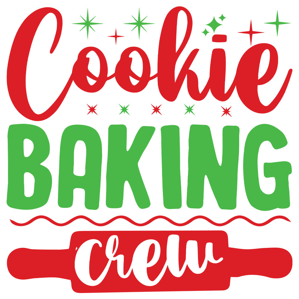 Cookie Baking Crew Classic DTF transfer design featuring Cookie Baking Crew typography in red and green with sparkle accents and a red rolling pin