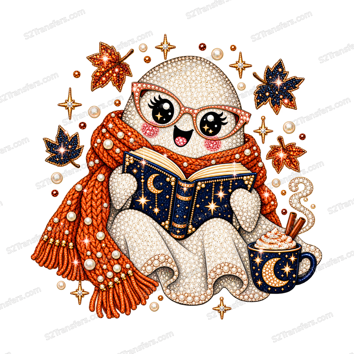 Cozy Reader Ghost DTF transfer on white; watermarked preview