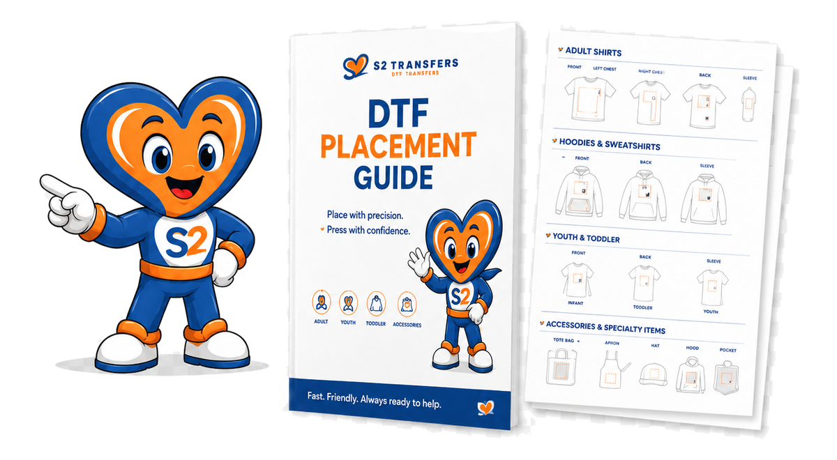 Buddy the S2 Transfers mascot pointing to the DTF Placement Guide