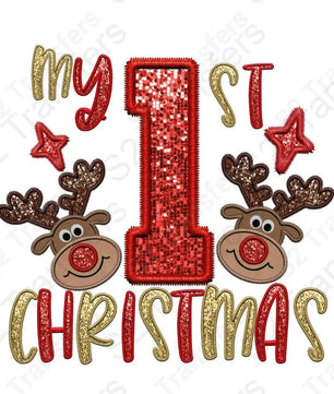 Faux Embroidery Baby Boy - First Christmas - Reindeer Faux Sequins Glitter