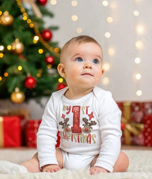 Faux Embroidery Baby Boy - First Christmas - Reindeer Faux Sequins Glitter - DTF Transfer DTF Transfer