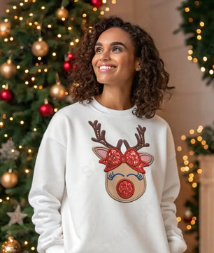 Faux Embroidery Girl - Reindeer - Faux Sequins Glitter - DTF Transfer DTF Transfer