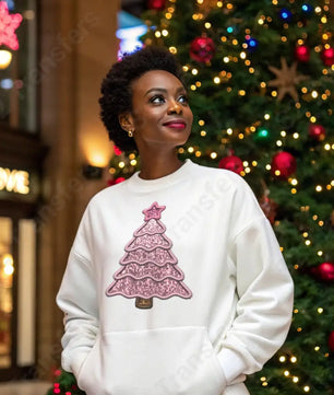 Faux Embroidery Pink - Christmas Tree - Faux Sequins Glitter - DTF Transfer DTF Transfer