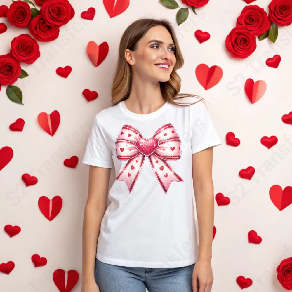 Faux Glitter Red And Pink Heart Bow - DTF Transfer DTF Transfer