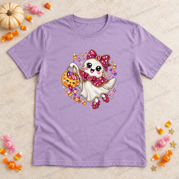 Jeweled Candy Couture Ghost on a lavender shirt flatlay; watermarked mockup, garment not included