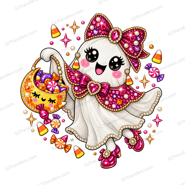 Jeweled Candy Couture Ghost DTF transfer on white; repeating S2Transfers.com watermarked preview