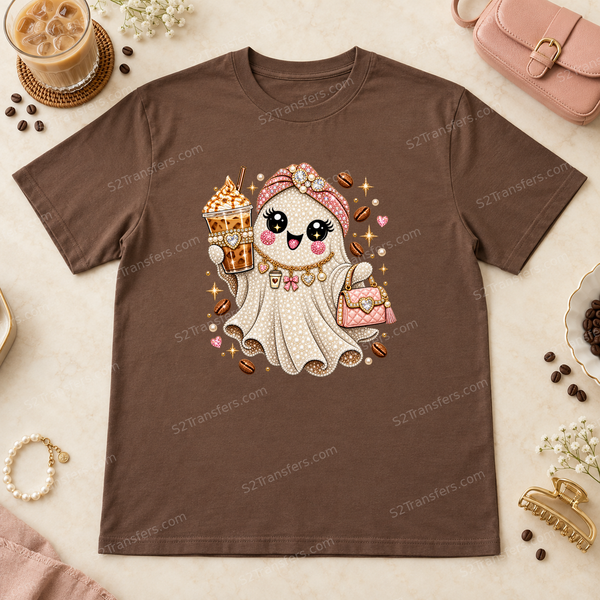 Jeweled Coffee Run Ghost DTF transfer flatlay mockup; garment not included