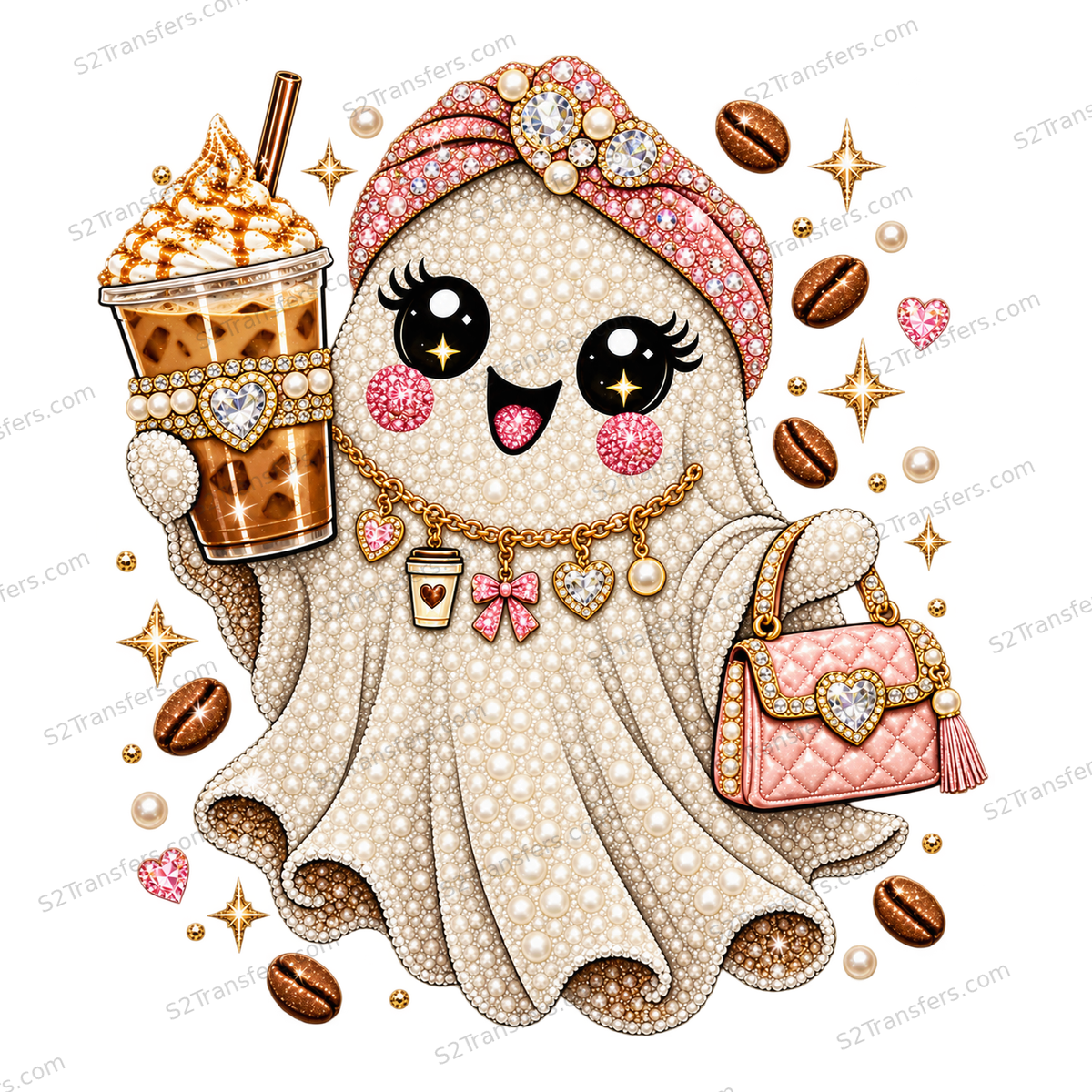 Jeweled Coffee Run Ghost DTF transfer white-background watermarked artwork preview