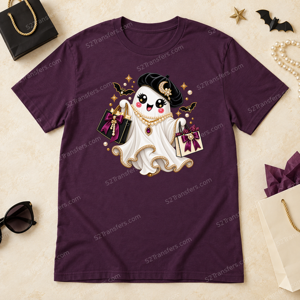 Jeweled Midnight Shopper Ghost DTF transfer flatlay mockup; garment not included