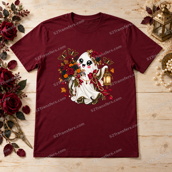 Jeweled Moonlit Florist Ghost printed-transfer placement mockup on a burgundy adult T-shirt; watermarked mockup, garment not included