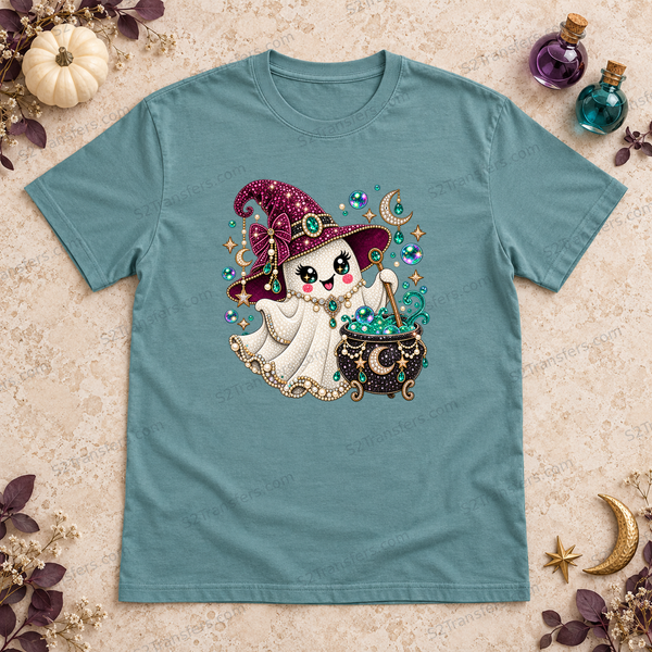 Jeweled Potion Party Ghost on a dusty teal shirt flatlay; watermarked mockup, garment not included