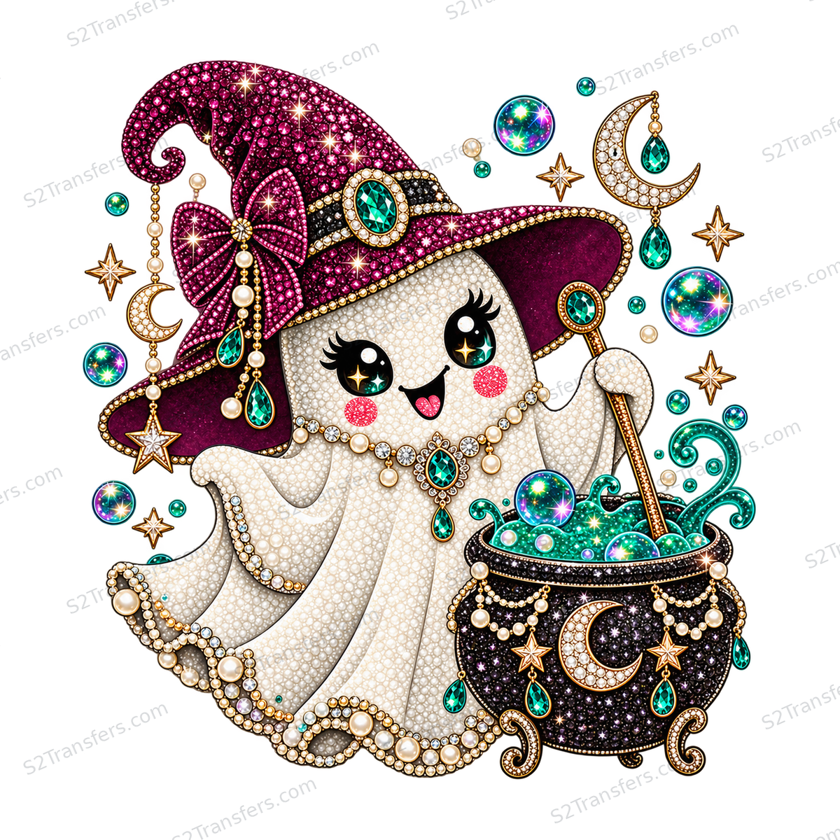 Jeweled Potion Party Ghost DTF transfer on white; repeating S2Transfers.com watermarked preview