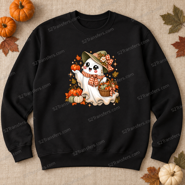 Jeweled Pumpkin Patch Ghost DTF transfer on a fall crewneck mockup; garment not included