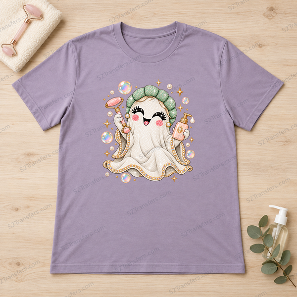 Jeweled Spa Night Ghost on a lavender shirt flatlay; watermarked mockup, garment not included
