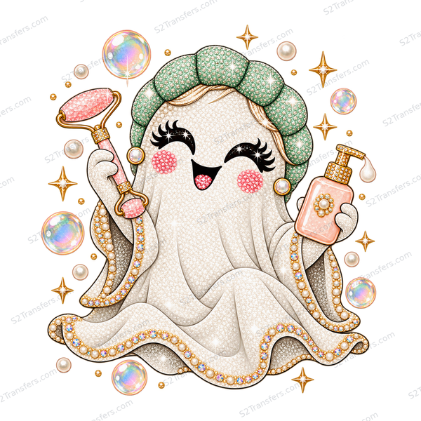Jeweled Spa Night Ghost DTF transfer on white; repeating S2Transfers.com watermarked preview