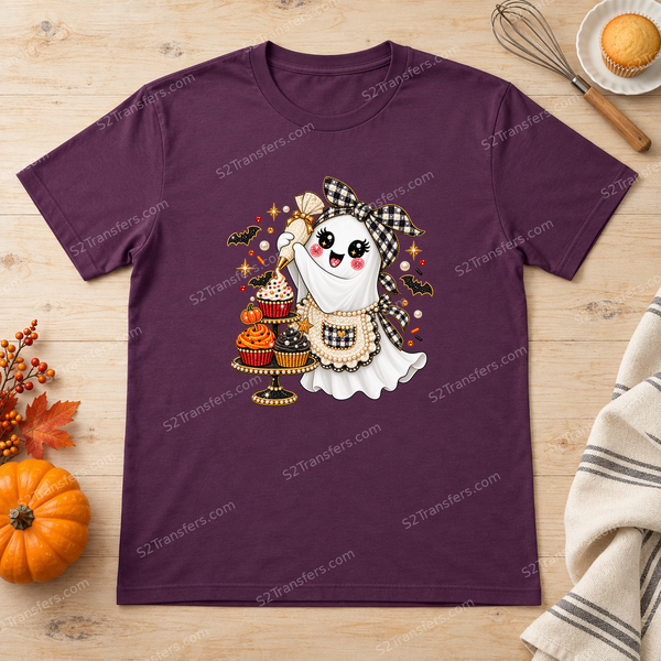 Jeweled Spooky Baker Ghost on a plum shirt flatlay; watermarked mockup, garment not included