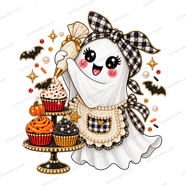 Jeweled Spooky Baker Ghost DTF transfer on white; repeating S2Transfers.com watermarked preview