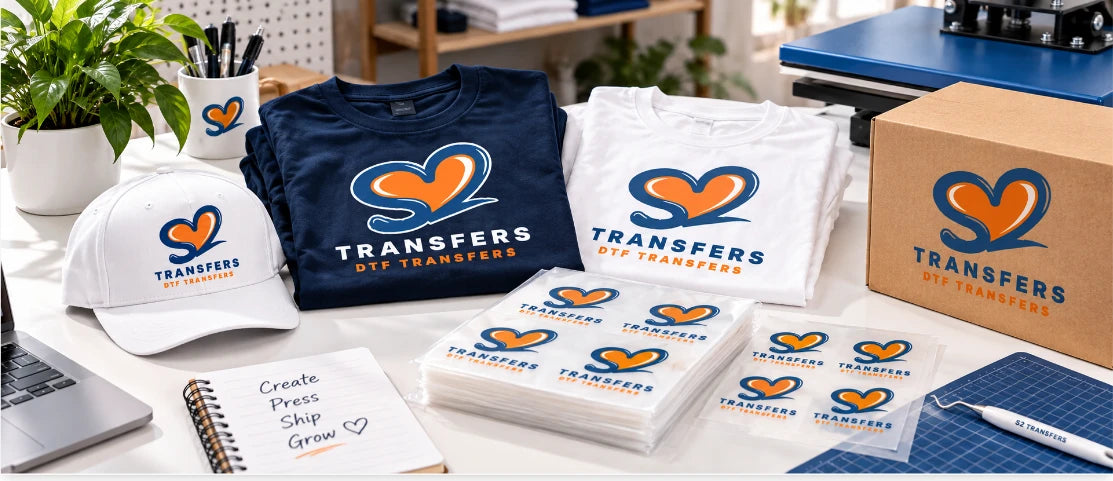 Folded DTF-printed tees, transfer sheets and a shipping box on a press shop desk
