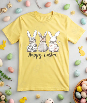 Three Rustic Bunnies Happy Easter - DTF Transfer DTF Transfer
