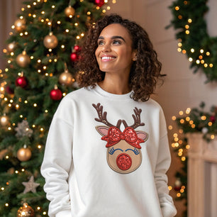 Faux Embroidery Girl - Reindeer - Faux Sequins Glitter - DTF Transfer