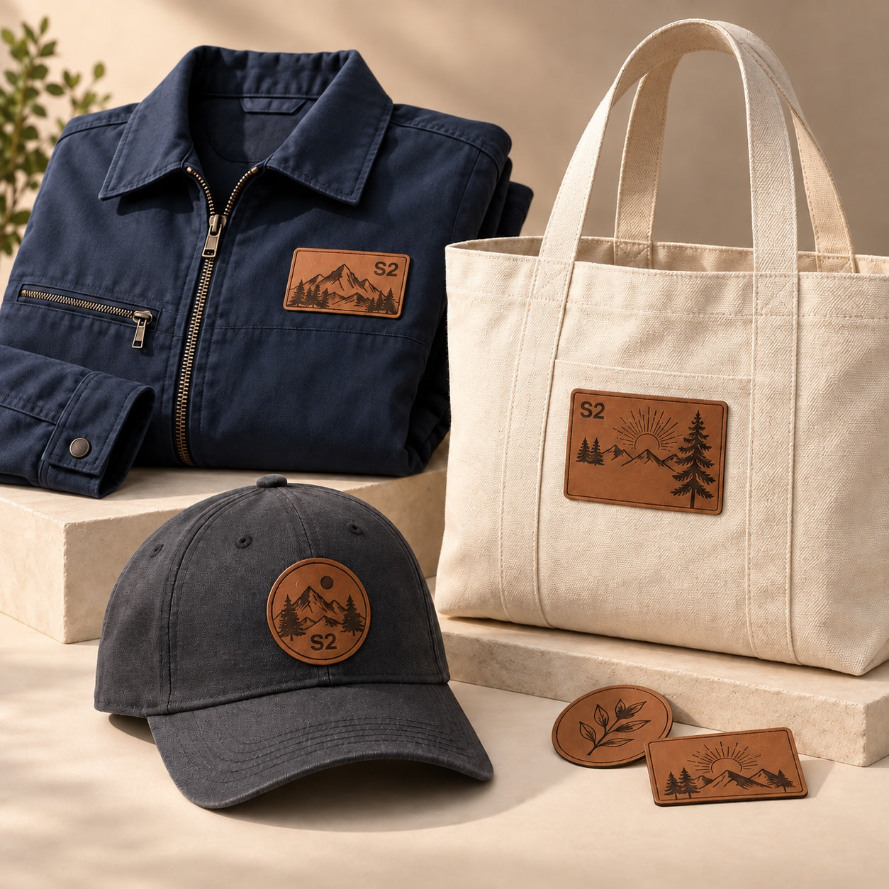 Custom leatherette patch styling on a navy jacket, canvas tote bag and charcoal cap, with loose patch examples