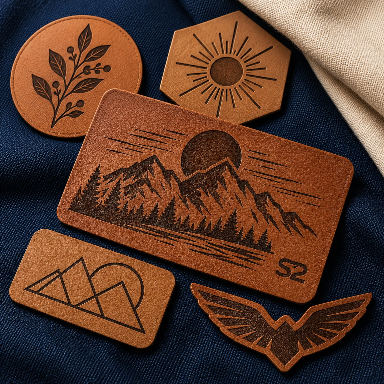 Close-up styling concept of engraved tan leatherette patches in rectangular, round, hexagonal and custom wing shapes on navy fabric