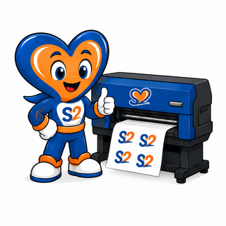 Buddy, the S2 Transfers mascot, beside a transfer printer