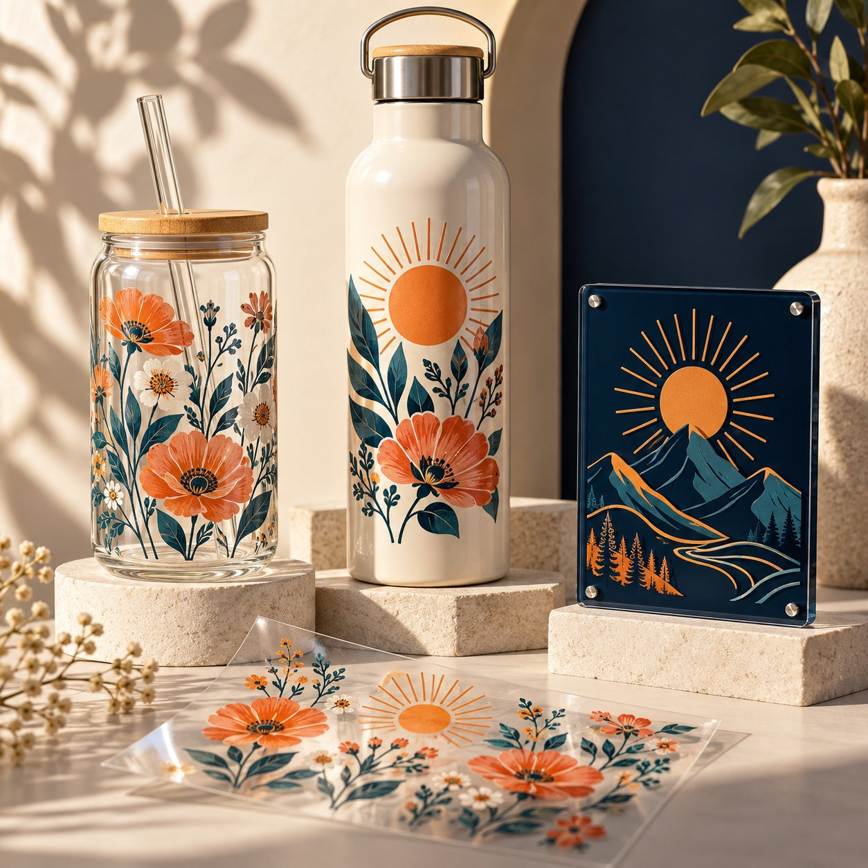 UV DTF decoration inspiration on a glass cup, metal bottle and acrylic sign, with a floral transfer on clear carrier film